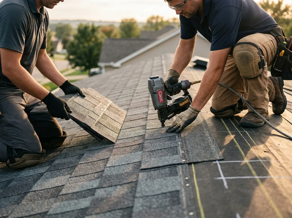 Professional roofer working on a residential roof in Blythewood